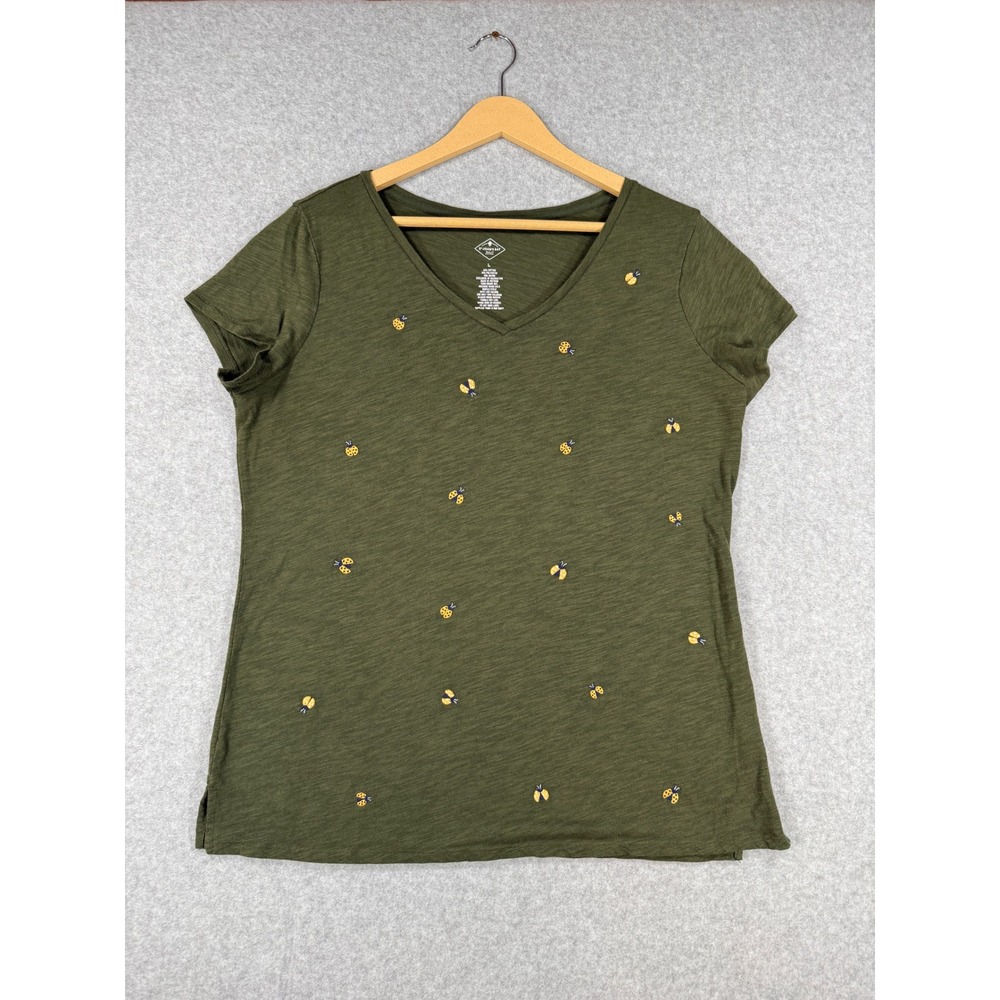 St. John's Bay Large Tee Olive Green Cotton Ladybug Embroidered V-Neck